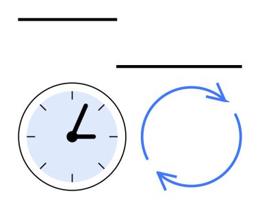 Mavi dairesel okların yanındaki analog saat döngüleri, tekrarları ve zaman akışını gösteriyor. Zaman yönetimi, süreç otomasyonu, son teslim tarihi izleme, görev planlaması, iş akışı tasviri, kavram