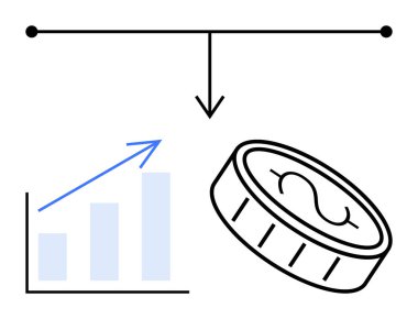 Artışı gösteren yukarı grafikler, maddi kazancı temsil eden para için karar verme oku. Finans, yatırım, analitik, strateji, karar verme, büyüme başarısı için idealdir. Düz basit