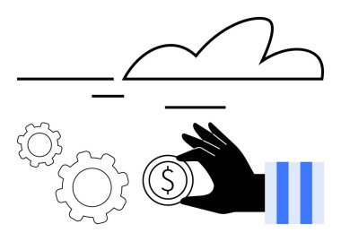 Bulut ve vitesi simgeleyen bir dolar işareti ile bir madeni parayı tutan el, finans, yenilik, teknoloji, tasarruf, iş, otomasyon ve stratejiyi sembolize eder. Düz basit metafor için ideal
