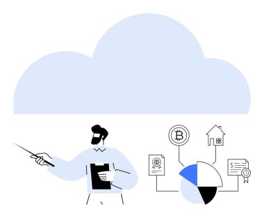 Bulut depolama bağlantıları, engelleme zinciri, kripto para birimi, ev sahipliği ve finansal tabloları sunan işaretçi bir adam. Finans, engelleme zinciri, analitik, bulut hesaplama sunumu verileri için ideal