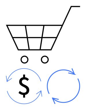 Dolar üzerindeki alışveriş arabası ve tüketici alımını, ödeme döngülerini, sürdürülebilirliği ve ticareti gösteren dairesel oklar. Perakende, e-ticaret, finans, eko-bilinç ve tüketim için ideal