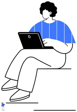 Çalışmak ya da çalışmak için dizüstü bilgisayar kullanan biri. Uzaktan çalışma, eğitim, serbest çalışma, teknoloji, odaklanma, çevrimiçi işbirliği ve verimlilik için ideal. Düz basit metafor