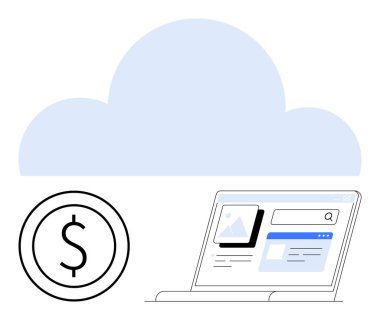 Bir dizüstü bilgisayarın üstünde para simgesinin yanında web içeriğini gösteren bir bulut. Teknoloji, finans, yatırım, e-ticaret, SaaS, çevrimiçi hizmetler ve dijital pazarlama için ideal. Düz basit metafor
