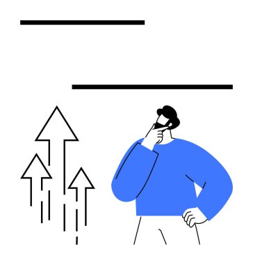 Derin düşüncelere sahip insan figürü, birden fazla yukarı doğru okun yanında. Konseptler için idealler yenilik, planlama, başarı, büyüme, strateji, gelişme ve karar verme sürecini destekliyor. Düz basit metafor