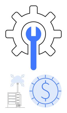Veri depolamak için vites ve anahtar, veri depolamak için bulut ve finans için para. Teknoloji, bulut hizmetleri, bilişim çözümleri, sistem onarımı, maliyet yönetimi, bakım dijital