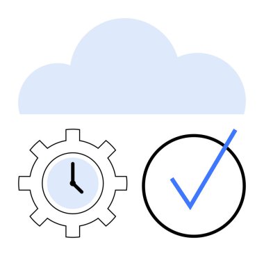 Teçhizatın üstünde mavi bulut, içinde saat ve işaretli daire var. Üretkenlik için ideal, bulut depolama, görev yönetimi, zamanlama, iş akışı, teknoloji verimliliği, düz basit metafor
