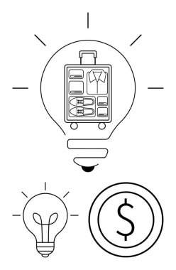 Paketli bavul ve dolar işaretli ampul seyahat planlama, mali yönetim, tasarruf ve yaratıcılığı vurguluyor. Seyahat, iş, yenilik, maliyet verimliliği ve bütçe stratejisi için ideal