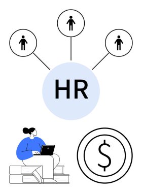 İK ve merkez dairesi olan çalışan ağı, finansal odak için dolar sembolü ve dizüstü bilgisayar kullanan kadın. İK için ideal, takım çalışması, işe alım, işyeri yönetimi, uzaktan kumandalı iş finansmanı. Düz