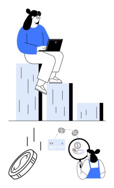 Kadın elinde dizüstü bilgisayarla bar grafiğinde oturmuş büyüteçle finansal verileri analiz ediyor. Bozuk paralar, bar çizelgesi. İş analizi, veri incelemesi, mali büyüme, yatırım stratejisi ve piyasa için ideal