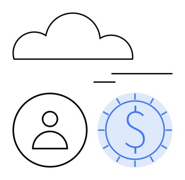 Bulut ana hatları, kullanıcı profili simgesi ve dolar işareti olan para çevrimiçi veri depolama, dijital para birimi, kullanıcı erişimi ve güvenli dosya paylaşımı. Finans, teknoloji ve veri yönetimi için ideal
