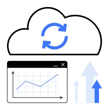 Senkronize ikona sahip bulut, ekranda çizgi grafiği ve yukarı çıkan oklar veri senkronizasyonunu, eş zamanlı analitiği, bulut depolamasını, büyümeyi, eğilimleri, teknolojik yeniliği simgeliyor. Teknolojik büyüme için ideal