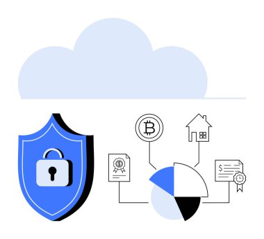 Kilitli kalkan veri korumasını simgeler, depolama için bulut ve bağlı öğeler bitcoin, özellik, analitik ve bağlantı sertifikalarını destekler. Güvenlik ve bulut hesaplama için ideal