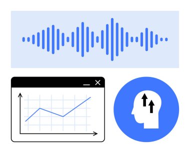 Mavi ses dalgası, uygulama penceresinde yükselen çizgiler, yukarı doğru mavi daireli oklar. Yenilik, veri analizi, ilerleme, büyüme, öz gelişim, sağlam teknoloji eğitimi için ideal