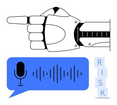 Robot kol öne bakıyor, mikrofon ikonu konuşma balonunda ses dalgaları ve RISK yazımını engelliyor. Yapay zeka etiği, teknolojik etkiler, otomasyon riskleri, dijital dönüşüm için ideal