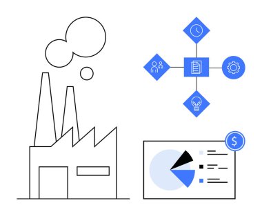 Bacalı fabrika binası, görev ve hedefleri gösteren çalışma akışı çizelgesi ve grafiklerle dolu bir finans paneli. Üretim, planlama, strateji, finans, yenilik, takım çalışması için ideal basit