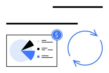 Veri segmentleri, dolar işareti ve sürekli yatırım döngüsünü gösteren oklar içeren pasta grafiği. Finans, iş stratejisi, yatırım, veri analizi, ekonomik büyüme için ideal. Düz