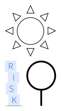 Üçgen ışınlı güneş enerjiyi vurgular, istiflenmiş bloklar RISK 'i heceler ve büyüteç odak noktalarını büyütür. Enerji, risk analizi, strateji, araştırma, keşif ve soyut problem çözme için ideal
