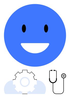 Mavi gülen yüz refahı, steteskop sağlık hizmetini ve yenilik için vitesi sembolize ediyor. Sağlık teknisyeni, tanı, olumlu sonuçlar, hasta bakımı, sağlık, akıl sağlığı dairesi için ideal