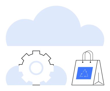 Bulut şekilleri, teçhizat teknolojiyi sembolize ediyor, alışveriş torbası geri dönüşümlü sürdürülebilirliği vurguluyor. Teknoloji, bulut hizmetleri, e-ticaret, otomasyon, çevre, yenilik dijital için ideal