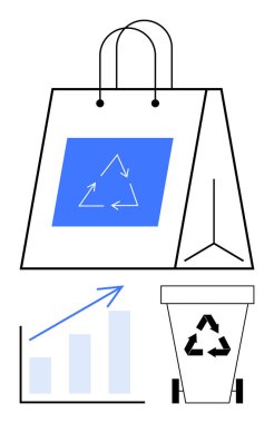Geri dönüşüm sembollü yeniden kullanılabilir alışveriş torbası, yukarı doğru oklu bar tablosu ve çevre dostu alışkanlıkları destekleyen geri dönüşüm kutusu. Sürdürülebilirlik, çevre, büyüme, atık yönetimi için ideal