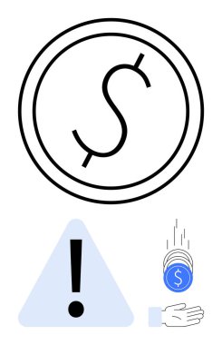 Tehlike sembollü para madeni dengesizliği gösteriyor. Ünlem finansal riskleri işaret ediyor. Elden ele düşen paralar masrafları ya da kayıpları yansıtır. Finans, ekonomi, yatırım, borç için ideal