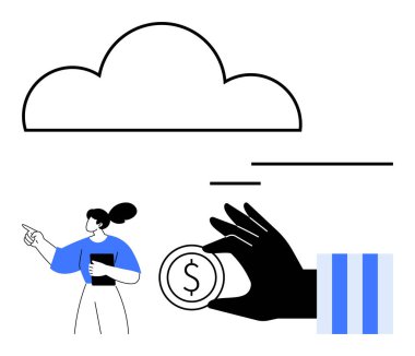 Defterle işaret eden kadın, büyük bulut şekli, kara el, yenilik, finans, bulut çözümleri, iş büyümesi, modern ekonomi, veri alışverişi takım çalışması için ideal madeni para. Düz basit metafor