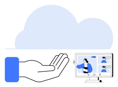 Bir bulut ve bir bilgisayar ekranında online görüşme sahnesiyle temsil edilen el destekli sanal iletişim. Bulut hesaplama, uzak çalışma, iletişim, ağ, teknoloji için ideal