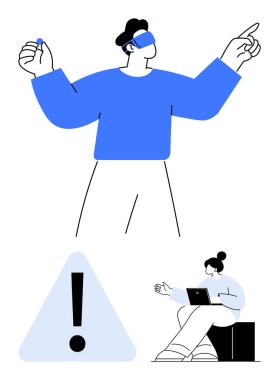 Sanal alanı gösteren VR kulaklık takan bir adam dizüstü bilgisayarlı bir kadın oturarak işaret işareti olan bir üçgen. VR, dikkat, teknoloji, çoklu görev, yenilik için ideal