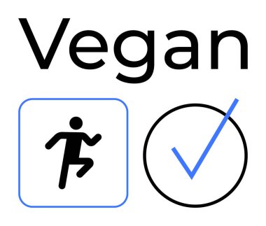 Koşan rakamlı ve mavi işaretli vegan metni. Sağlık, zindelik, beslenme, bitkisel beslenme, sürdürülebilirlik, etik yaşam, vejetaryen sertifikası için ideal. Düz basit metafor