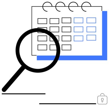 Büyüteç renklendirme takvimi, olay analizi, zaman izleme ve mahremiyet vurgulanıyor. Planlama, planlama, organizasyon, güvenlik, verimlilik analizi için ideal dijital araçlar