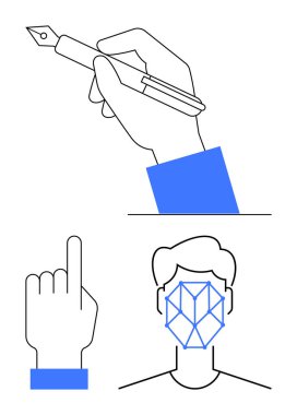 El ele tutuşan kalem, işaret eden parmak ve yüzünde geometrik yüz tanıma sistemi. Teknoloji, yaratıcılık, jestler, yapay zeka, biyometrik iletişim minimalizmi için idealdir. Düz basit metafor