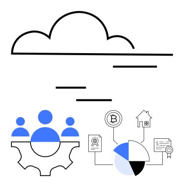Takım simgeleri, grafikleri, kripto para birimleri, mülk ve sertifika bağlantıları ile teçhizatın üzerinde bulut ana hatları. Takım çalışması, bulut bilgisayarı, fintech, mülk yönetimi veri paylaşımı için ideal