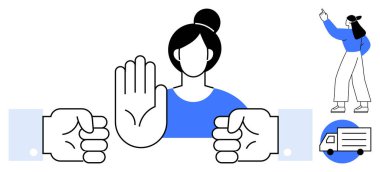 Kadın iki yumruk arasında el kaldırır. Arkaplanda teslimat kamyonu ve işaret eden kişi var. Çatışma çözümü, iletişim, müzakere, lojistik, protesto, savunma için ideal