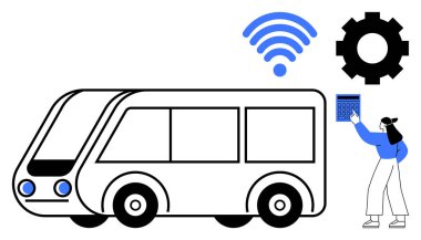 Modern otobüs, kablosuz sinyal, teçhizat ve kullanıcı takvimle etkileşimde. Ulaşım, teknoloji, yenilik, akıllı şehirleri planlayan kamu hizmetleri için idealdir. Çok basit.