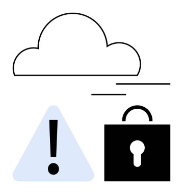 Çizgileri olan bulut simgesi, ünlem işaretli alarm üçgeni ve asma kilit potansiyel riskleri ve veri güvenliğini vurguluyor. Siber güvenlik, uyarı, koruma, gizlilik, güvenlik, şifreleme için ideal