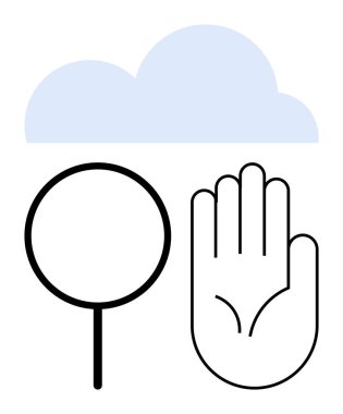 Büyüteç, açık el sembolü ve pastel mavi bulut keşif, dikkat, mahremiyet ve dijital erişimi iletir. Araştırma, teknoloji, bulut kontrol şeffaflık verileri için ideal