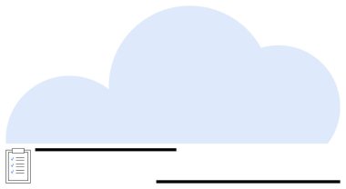 Köşesinde veri ya da görev yönetimini temsil eden bir pano olan büyük mavi bulut. Bulut depolama, görev izleme, planlama, veri paylaşımı, organizasyon, dijital iş akışı, basitlik için ideal