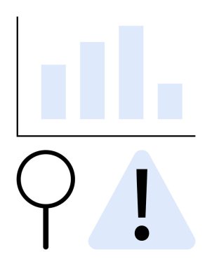 Bar tablosu sonuçları gösteriyor, büyüteç yardımı soruşturmaya yardımcı oluyor ve üçgen de ihtiyatı vurguluyor. Araştırma, analitik, risk yönetimi, sorun çözme, karar verme, raporlama için ideal