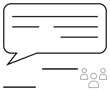 Yatay çizgileri olan konuşma balonu bir grup insanın üzerinde metin olduğunu gösteriyor. Takım çalışması, diyalog, iletişim, paylaşım fikirleri, sosyal ağlar, çevrimiçi etkileşim, soyut çizgi için ideal
