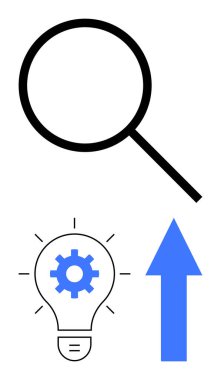 Büyüteç araştırmayı sembolize eder, dişli ampul yeniliği temsil eder, yukarı ok ise gelişimi ve büyümeyi. Analiz, fikirler, teknoloji, ilerleme, iş, strateji için ideal