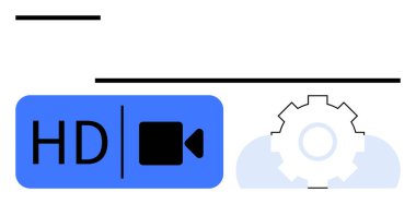 Bulut arkaplanının üzerindeki bir dişlinin yanında HD video simgesi, yüksek kaliteli video akışı, konfigürasyon ve optimizasyonu simgeliyor. Teknoloji, medya, eğlence, bulut akışı, ayarlar için ideal