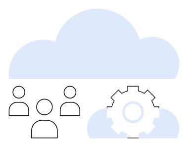 Ekip çalışması, otomasyon ve bulut teknolojisini temsil eden büyük bir grup insan ve ekipman. Dijital işbirliği, ağ oluşturma, yenilik, teknoloji çözümleri ve işgücü için ideal