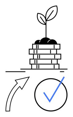 Üstünde büyümeyi sembolize eden bir bitki ve yukarı doğru ok ve işaretle birlikte bir yığın bozuk para var. Finans, yatırım, sürdürülebilirlik, ekonomi, başarı, hedef başarı tasarrufu için idealdir. Düz