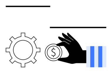 Kara El 'in dişlilere yakın bir yerde bir dolar tutması finans ve işletme sinerjisini simgeler. Yatırım, ekonomi, üretkenlik, iş akışı, para birimi, tasarruf ve yenilik için ideal. Düz basit metafor