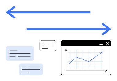 Çift yönlü oklar bilgisayar arayüzündeki bir çizgi grafiğinin yanında veri alışverişini sembolize eder. Metin kutuları iletişim temalarını geliştirir. Analiz, iş büyümesi, iletişim, strateji ve veri için ideal