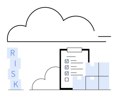 Bulut çizgisi, tamamlanmış görevleri olan kontrol listesi, istiflenmiş RISK blokları ve depolama kutuları. Lojistik, planlama, bulut çözümleri, risk yönetimi organizasyon deposu için ideal. Soyut