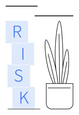 RİSK harfleri minimalist çizgili bir saksı bitkisinin yanına dikey olarak dizilmiş. Ticari zorluklar, karar verme, finans, istikrar, farkındalık, büyüme, soyut çizgi için ideal