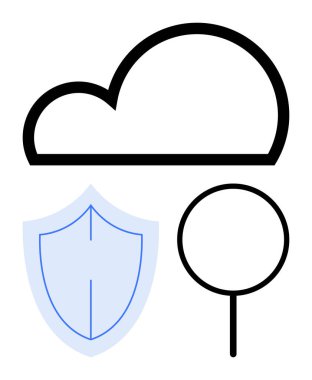 Kalkanın üstündeki bulut ve büyüteç veri depolamayı, korumayı ve aramayı temsil ediyor. Teknoloji, siber güvenlik, depolama çözümleri, veri gizliliği, ağ, erişim kontrol dairesi için idealdir