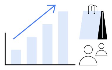 Büyümeyi simgeleyen yukarı doğru ok, perakende satış torbası ve iki müşteri simgesi olan bar tablosu. İş, perakende, e-ticaret, istatistik, müşteri davranışları pazarlama başarısı için idealdir. Düz