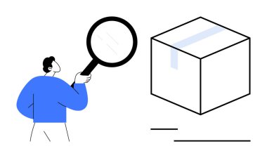 Elinde büyüteç tutan kişi küpü inceliyor, teftişi, merakı ve değerlendirmeyi sembolize ediyor. Analiz için ideal, problem çözme, detaylara dikkat, strateji, keşif kalite kontrolü